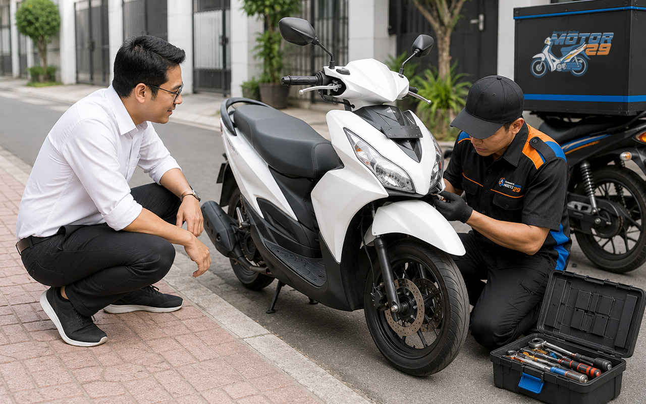 Mekanik Bengkel Motor 29 memperbaiki motor pelanggan di lokasi sebagai layanan bengkel motor panggilan.